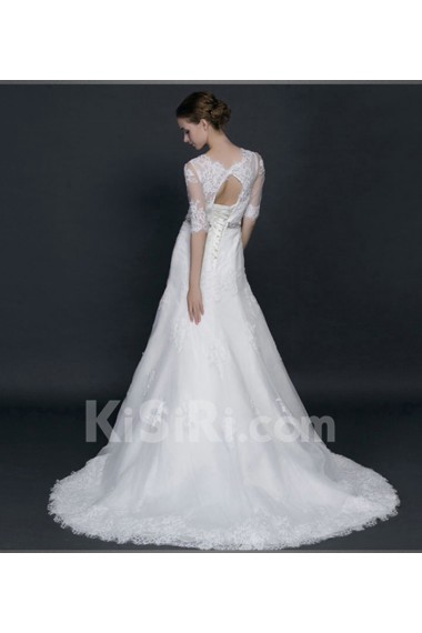 Lace, Satin Scoop Sweep Train Half Sleeve A-line Dress with Rhinestone