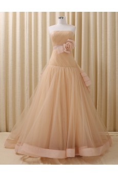 Tulle, Satin Strapless Sweep Train Sleeveless A-line Dress with Handmade Flowers