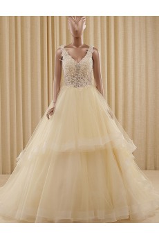 Tulle V-neck Sweep Train Sleeveless Ball Gown Dress with Beads
