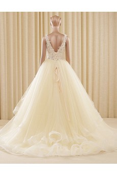 Tulle V-neck Sweep Train Sleeveless Ball Gown Dress with Beads