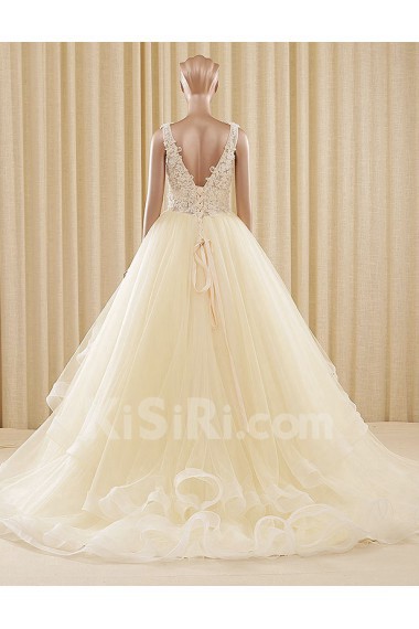 Tulle V-neck Sweep Train Sleeveless Ball Gown Dress with Beads