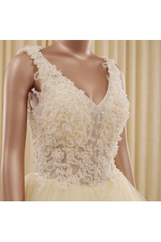 Tulle V-neck Sweep Train Sleeveless Ball Gown Dress with Beads