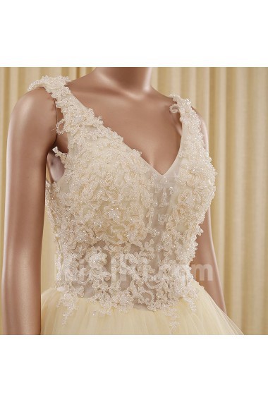 Tulle V-neck Sweep Train Sleeveless Ball Gown Dress with Beads