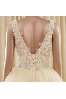 Tulle V-neck Sweep Train Sleeveless Ball Gown Dress with Beads
