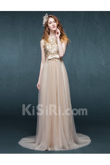 Lace Jewel Sweep Train Sleeveless Sheath Dress with Sequins, Bow