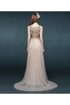 Lace Jewel Sweep Train Sleeveless Sheath Dress with Sequins, Bow