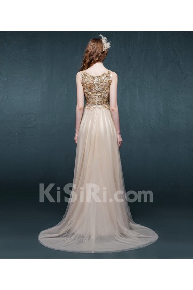Lace Jewel Sweep Train Sleeveless Sheath Dress with Sequins, Bow