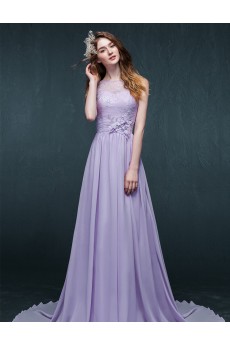 Chiffon Scoop Sweep Train Sleeveless A-line Dress with Sequins, Handmade Flowers