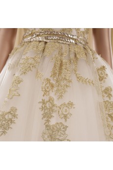 Tulle Scoop Floor Length Cap Sleeve Ball Gown Dress with Rhinestone