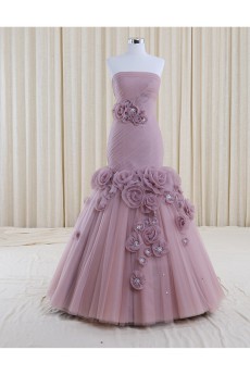 Tulle, Satin Strapless Floor Length Sleeveless Mermaid Dress with Handmade Flowers, Rhinestone