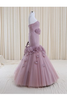 Tulle, Satin Strapless Floor Length Sleeveless Mermaid Dress with Handmade Flowers, Rhinestone