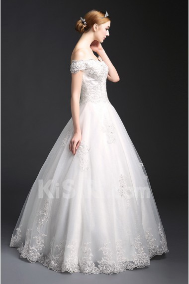 Tulle, Lace Off-the-Shoulder Floor Length Ball Gown Dress with Beads