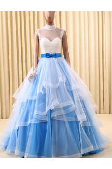 Lace, Tulle High Collar Sweep Train Sleeveless Ball Gown Dress with Bow