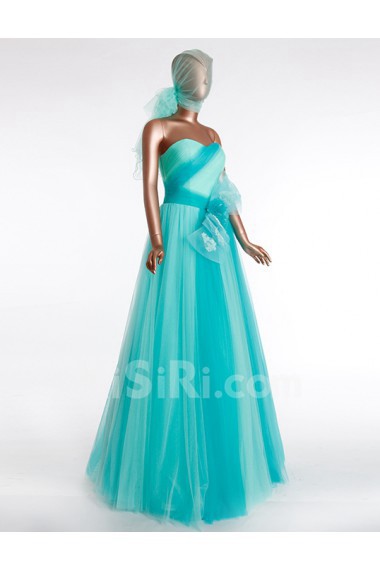 Tulle, Satin Sweetheart Floor Length Sleeveless A-line Dress with Handmade Flowers
