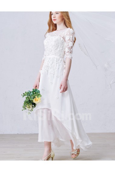 Lace, Tulle, Chiffon Jewel Ankle-Length Half Sleeve A-line Dress with Sequins, Pearl