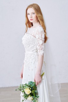 Lace, Tulle, Chiffon Jewel Ankle-Length Half Sleeve A-line Dress with Sequins, Pearl