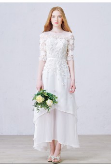 Lace, Tulle, Chiffon Jewel Ankle-Length Half Sleeve A-line Dress with Sequins, Pearl