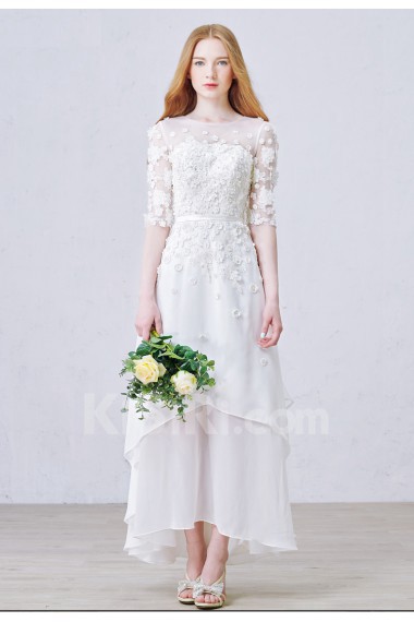Lace, Tulle, Chiffon Jewel Ankle-Length Half Sleeve A-line Dress with Sequins, Pearl