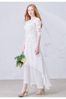 Lace, Tulle, Chiffon Jewel Ankle-Length Half Sleeve A-line Dress with Sequins, Pearl