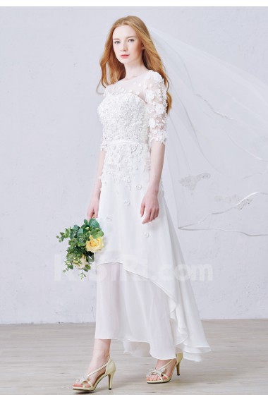 Lace, Tulle, Chiffon Jewel Ankle-Length Half Sleeve A-line Dress with Sequins, Pearl
