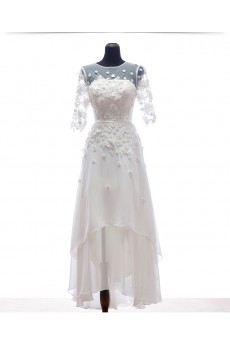 Lace, Tulle, Chiffon Jewel Ankle-Length Half Sleeve A-line Dress with Sequins, Pearl