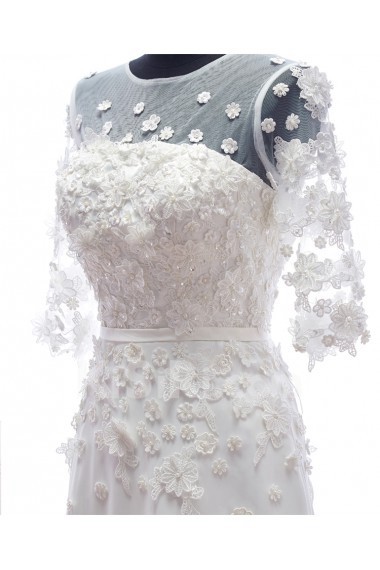 Lace, Tulle, Chiffon Jewel Ankle-Length Half Sleeve A-line Dress with Sequins, Pearl