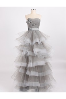 Tulle, Satin Strapless Floor Length Sleeveless Ball Gown Dress with Handmade Flowers, Rhinestone