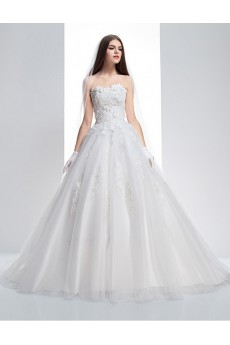 Lace, Tulle, Satin Strapless Sweep Train Sleeveless A-line Dress with Flower