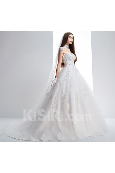 Lace, Tulle, Satin Strapless Sweep Train Sleeveless A-line Dress with Flower