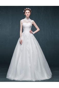 Tulle, Satin, Lace High Collar Floor Length Cap Sleeve A-line Dress with Handmade Flowers, Rhinestone