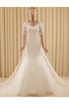 Lace, Tulle V-neck Chapel Train Half Sleeve Mermaid Dress