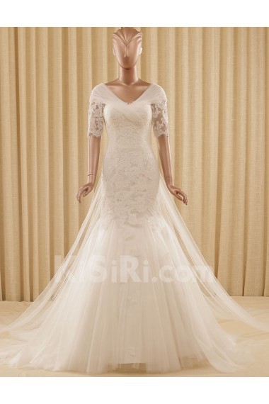 Lace, Tulle V-neck Chapel Train Half Sleeve Mermaid Dress