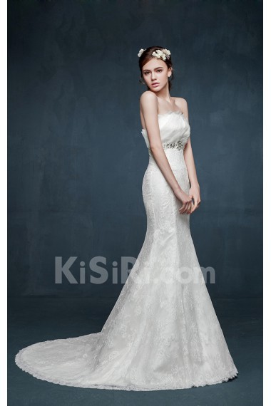Organza, Lace Scallop Sweep Train Sleeveless Mermaid Dress with Rhinestone, Sash
