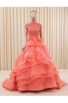 Lace, Tulle High Collar Sweep Train Cap Sleeve Ball Gown Dress with Bow