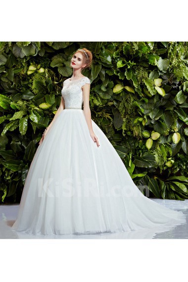 Lace, Tulle Scoop Sweep Train Cap Sleeve Ball Gown Dress with Rhinestone, Sequins