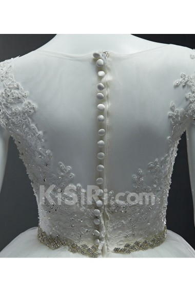 Lace, Tulle Scoop Sweep Train Cap Sleeve Ball Gown Dress with Rhinestone, Sequins