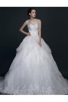 Lace, Satin, Tulle Sweetheart Chapel Train Sleeveless Ball Gown Dress with Rhinestone, Sequins