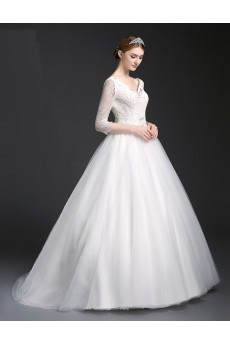 Tulle, Lace V-neck Sweep Train Three-quarter Ball Gown Dress with Beads