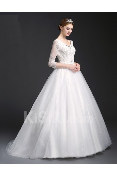 Tulle, Lace V-neck Sweep Train Three-quarter Ball Gown Dress with Beads