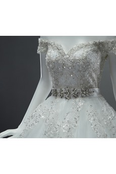 Lace, Tulle, Satin Off-the-Shoulder Chapel Train Ball Gown Dress with Sequins, Rhinestone