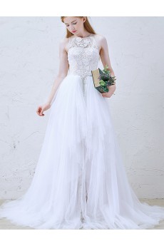 Lace, Tulle Jewel Sweep Train Sleeveless A-line Dress