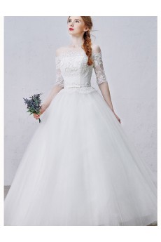 Lace, Tulle Off-the-Shoulder Floor Length Half Sleeve Ball Gown Dress with Bead