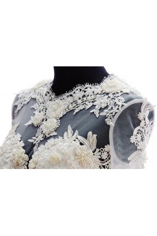 Lace, Satin, Tulle Jewel Floor Length Long Sleeve A-line Dress with Pearl, Applique