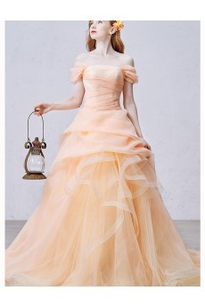 Tulle Off-the-Shoulder Chapel Train Ball Gown Dress with Ruched