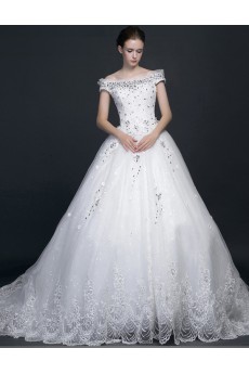 Lace, Satin, Tulle Off-the-Shoulder Chapel Train Ball Gown Dress with Rhinestone