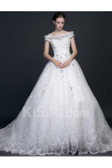 Lace, Satin, Tulle Off-the-Shoulder Chapel Train Ball Gown Dress with Rhinestone