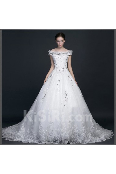 Lace, Satin, Tulle Off-the-Shoulder Chapel Train Ball Gown Dress with Rhinestone