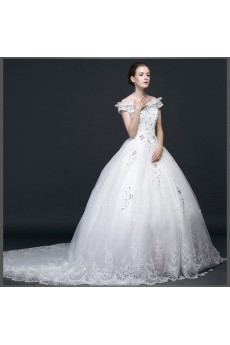 Lace, Satin, Tulle Off-the-Shoulder Chapel Train Ball Gown Dress with Rhinestone