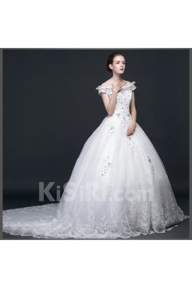 Lace, Satin, Tulle Off-the-Shoulder Chapel Train Ball Gown Dress with Rhinestone