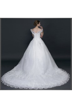 Lace, Satin, Tulle Off-the-Shoulder Chapel Train Ball Gown Dress with Rhinestone